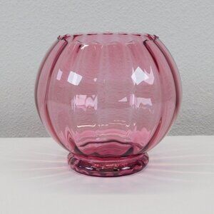 Cranberry Pink Glass Globe Vase Centerpiece Footed Ribbed Scalloped 5.5" tall
